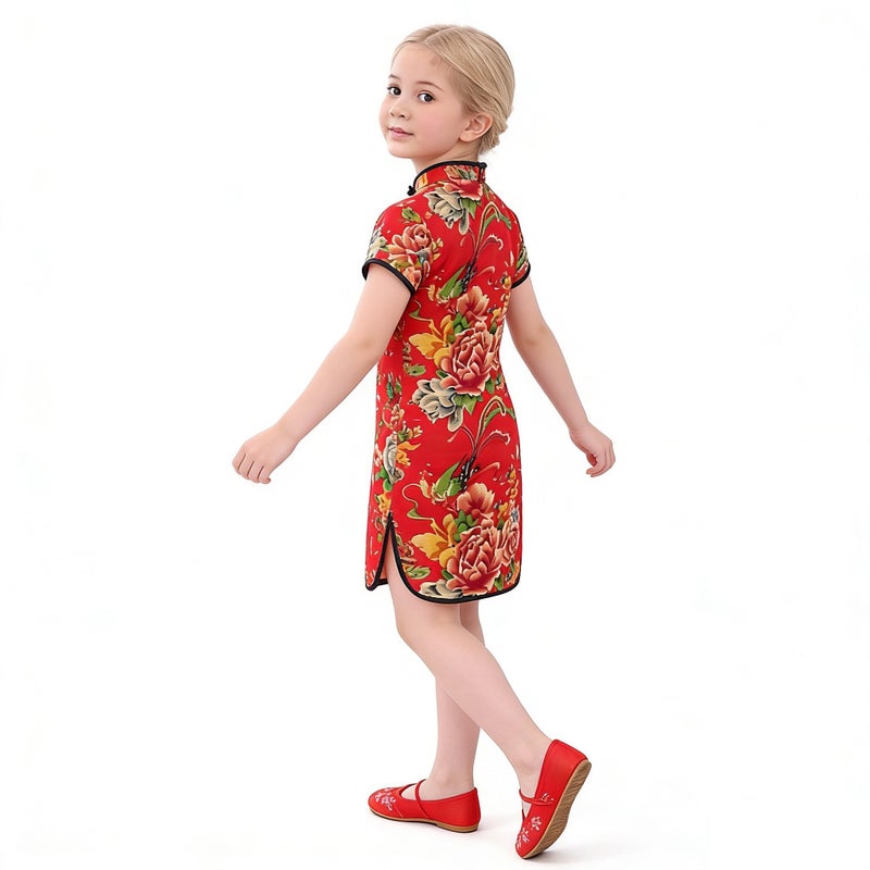 SZCQ Foral Baby Girls Dress New Year Qipao Vintage Chinese Cheongsam Princess Costume (Red, 16) - Image 5